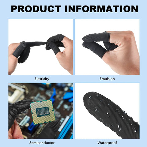 Disposable Latex Finger Cots Black Fingertip Protectors, 400 Pcs, elasticity, emulsion, semiconductor, waterproof features.