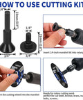 Guide on using Three Inch Cut Off Wheel Kit with One Quarter Inch Stem Mandrel for Die Grinder and Rotary Tool, includes assembly steps.