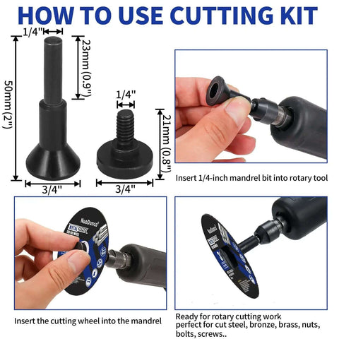 Guide on using Three Inch Cut Off Wheel Kit with One Quarter Inch Stem Mandrel for Die Grinder and Rotary Tool, includes assembly steps.