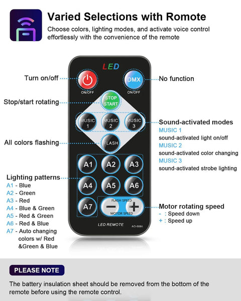 Remote control for Sound Activated Party Lights With Remote DJ Lighting 7 Modes Rotating Disco Ball showing buttons and features.
