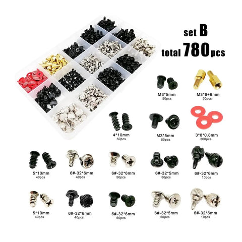 One Stop PC Screw And Mounting Hardware Kit For Builds And Repairs With Chassis Bolts Hard Drive And Fan Screws Mainboard And Power Supply Fasteners Includes Two Capacity Packs For Daily DIY Replacements And Handy Gear For Quick Fixes, 780 pcs assorted screws