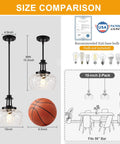 Size comparison of Matte Black Pendant Light Fixture with 10 Inch Clear Hammered Glass Shade for kitchen island and dining room.
