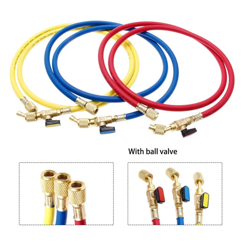 Pro Rig Hvac Refrigerant Charging Hose Set With Heavy Duty Brass Ball Valves For R410a R134a R22 Quick Swap Coolant Lines 800 Psi Capacity 1/4 Inch Sae Fittings Built Tough And Zero Hassle 3 Piece Setup