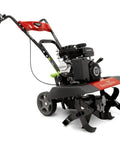 Versa 2-In-1 Tiller Cultivator Equipped With 99cc 4-Cycle Viper Engine, adjustable tilling width, front tine view on wheels