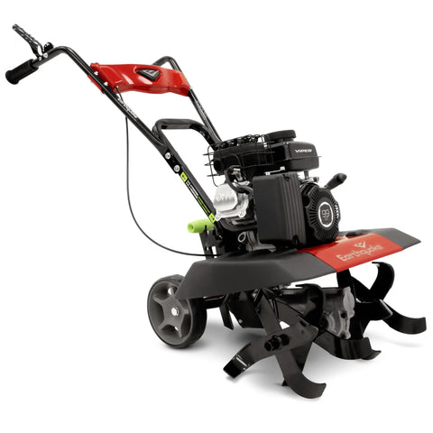 Versa 2-In-1 Tiller Cultivator Equipped With 99cc 4-Cycle Viper Engine, adjustable tilling width, front tine view on wheels