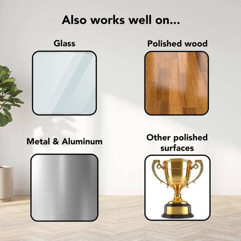 Image showing surfaces compatible with Clear Museum Gel Adhesive For Securing Collectibles And Decor Removable And Reusable Non Toxic Formula 4 Oz Container. Surfaces include glass, polished wood, metal, and other polished surfaces.