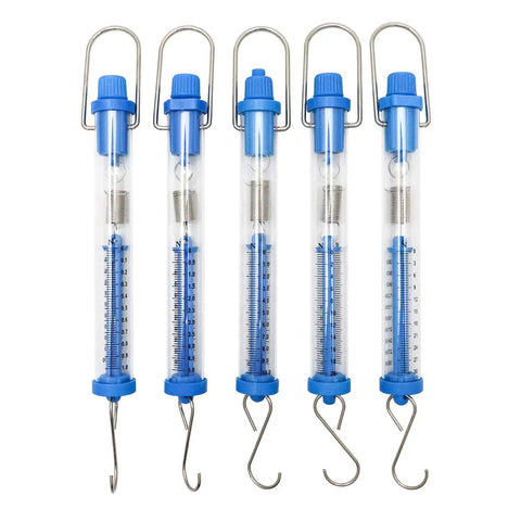 Tubular Spring Scale Set With 1N To 30N Range Dual Newton And Gram Readouts For Your Go To Physics Lab And Classroom Use Includes 1N 5N 10N 20N And 30N Scales Easy Zero Adjustment With Top Nut in clear housing