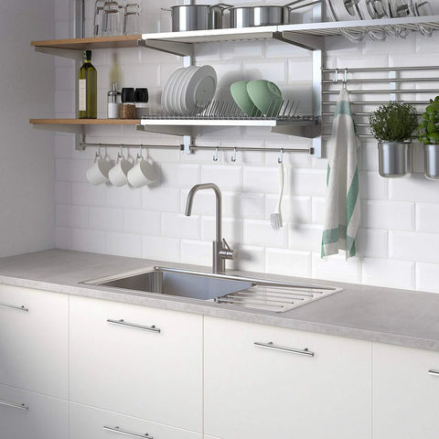 Modern kitchen with white cabinets featuring 30 Pack 6 Inch Brushed Nickel Stainless Steel Cabinet Pulls, with sink and open shelving.