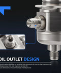 Close-up of oil outlet design on drop-in high pressure fuel pump for Cadillac ATS 2013 2015 2.0L and 2.5L and CTS 2014 2015 2.0L
