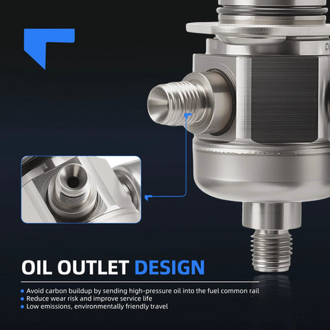 Close-up of oil outlet design on drop-in high pressure fuel pump for Cadillac ATS 2013 2015 2.0L and 2.5L and CTS 2014 2015 2.0L