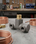 Built Tough Cast Iron Four Way Air Compressor Manifold Fitting with copper coils in a workshop setting