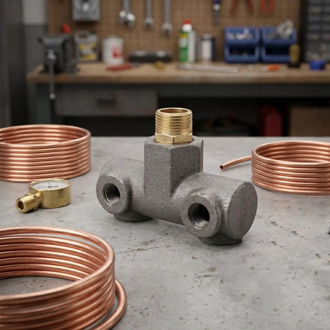 Built Tough Cast Iron Four Way Air Compressor Manifold Fitting with copper coils in a workshop setting