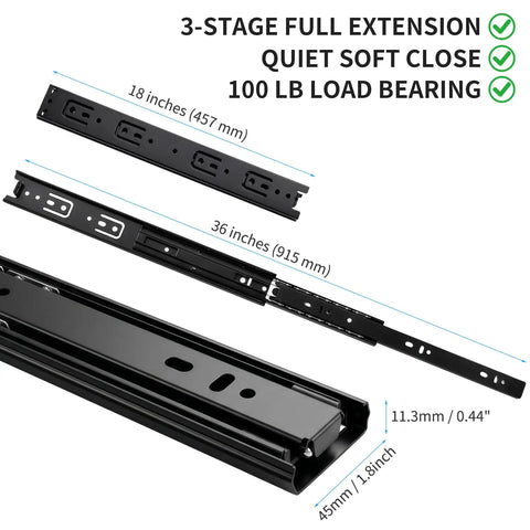 Two Pairs 18 Inch Soft Close Drawer Slides Full Extension Cabinet Guide Glides 45mm Width 100 LB Capacity Side Mount Rails