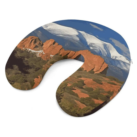 Pikes Peak Colorado Travel Pillow U Shaped Neck Support for Long Haul Flights and Office Naps with scenic mountain print