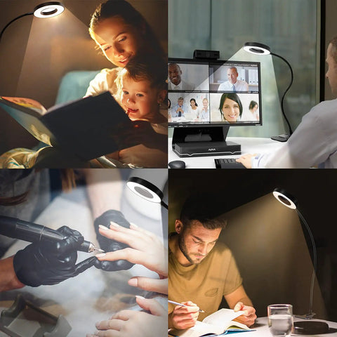 Clip On Desk Lamp With 48 LEDs, 3 Color Temperatures And 10 Dimmable Levels Per Mode, illuminating various activities