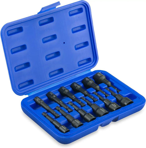 Beefed Up Magnetic Hex Impact Nut Driver Set 12 Piece CrV Steel Nut Setter in blue case, SAE and Metric sockets visible