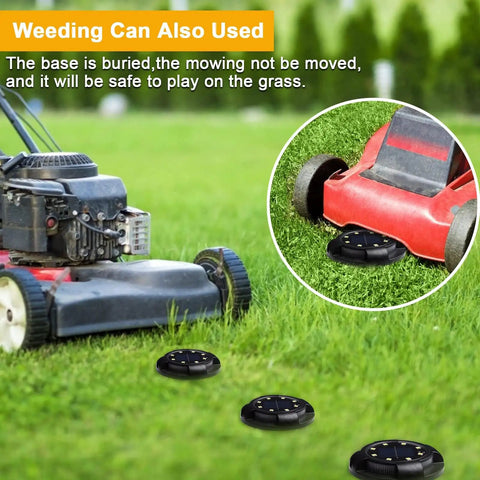 Lawn mower on grass with Solar Ground Lights Outdoor 12 Pack With 12 LED Disk Lights Waterproof In Ground Garden Pathway Lighting
