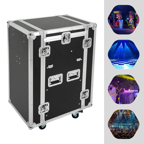14U PA DJ Rack Heavy Duty Mobile Audio Equipment Cabinet with solid plywood build and rugged steel frame, side view