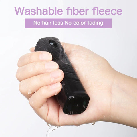 Hand holding washable fiber fleece from Two In One Screen Cleaner Spray And Wipe Kit For Phones Tablets Laptops TVs Monitors And Car Screens Pink Lipstick Size.