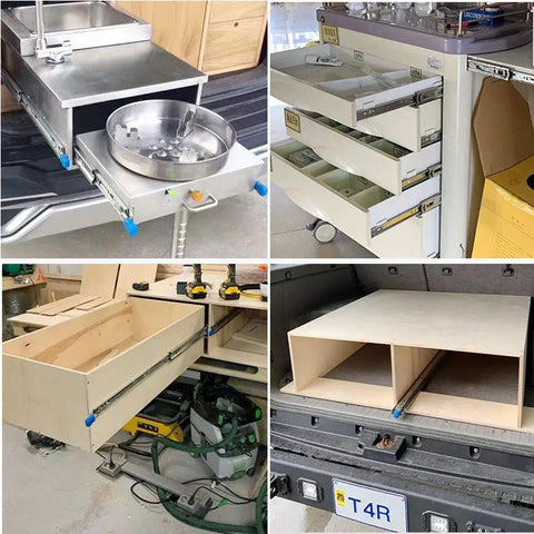 Heavy Duty Push To Open Drawer Slides Full Extension Ball Bearing Runners Industrial Grade Telescopic Cabinet Guides 34 Inch installed in workshop.