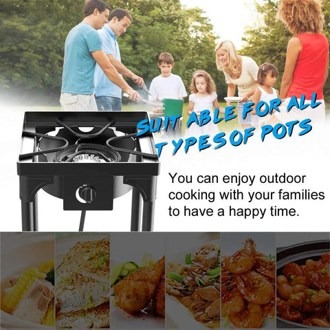Go To Portable Propane Stove for outdoor use, showing single burner with family cooking in the background.