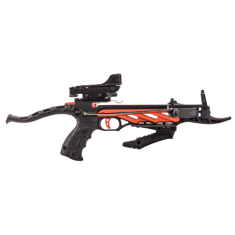 Desire RD Self Cocking Pistol Crossbow With Red Dot Sight, compact design and ambidextrous grip, side view. Ideal for outdoor practice.