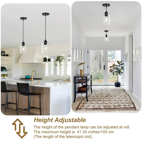 Two Pack Black Hammered Glass Pendant Lights With Adjustable Cords For Kitchen Island modern fixtures in a stylish kitchen and hallway.