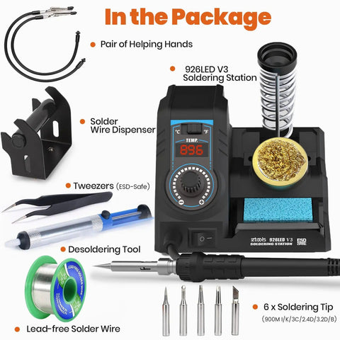 926LED V3 Beginner Friendly 60W Soldering Station Kit With Temperature Control Includes Helping Hands Lead Free Solder 6 Soldering Tips