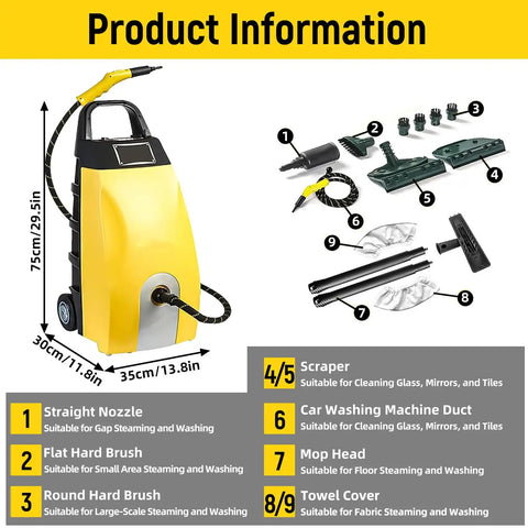 Heavy Duty Steam Cleaner With Boss Level 3.5L Tank And 30 Minute Runtime For Auto Detailing Carpet Cleaning Plus Extra Long Hose And Cord, includes 9 accessories, yellow and black design.