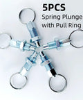Hella Tough M10 Carbon Steel Spring Plunger With Pull Ring, No Fuss Retractable Indexing Pin For Quick Release Locking, Smooth Operation Cabinet And Industrial Gear 5 Pack displayed from above.