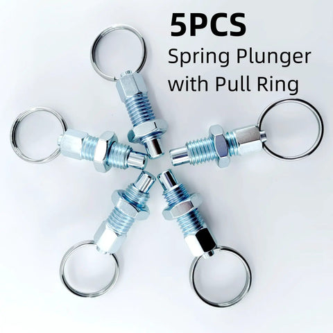 Hella Tough M10 Carbon Steel Spring Plunger With Pull Ring, No Fuss Retractable Indexing Pin For Quick Release Locking, Smooth Operation Cabinet And Industrial Gear 5 Pack displayed from above.