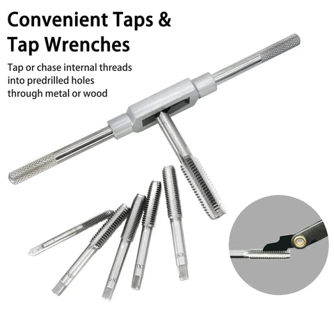 110 Piece Tap And Die Set For Threads M2 To M18 With Pro Grade Adjustable Handles Hardened Alloy Steel Full Accessories And Storage Case For Cutting External And Internal Threads on display showing tap wrenches and taps.