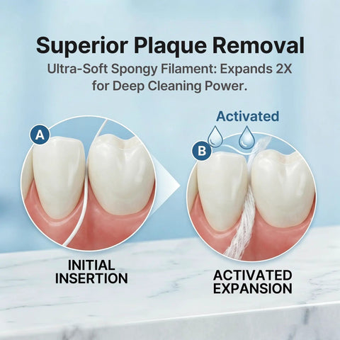 3 In 1 Floss For Braces And Bridges With 120 Pre Cut Strands showing activation from initial insertion to expansion