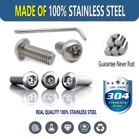 Tight Anti Theft License Plate Screws Keep Your Ride Locked Down Stainless Steel 1/4 Inch Bolts For Cars And Trucks showing stainless steel screws and hex key.