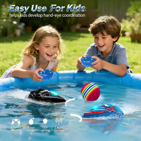 Kids playing with Two Pack Mini RC Boats With Floating Ball, 2.4GHz Remote Control, Pools And Lakes Fun, in an inflatable pool.