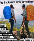 Hikers with backpack rain cover for 15-25L, waterproof and breathable, in blue and orange, overlooking a scenic view.