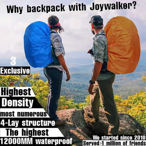 Hikers with backpack rain cover for 15-25L, waterproof and breathable, in blue and orange, overlooking a scenic view.