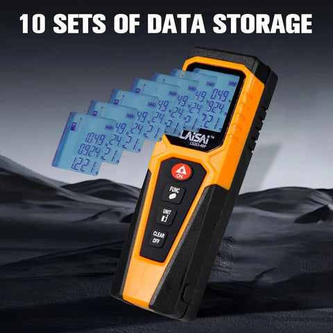 Precision Laser Distance Meter For Quick Accurate Measurements Up To 130 Feet With Backlit LCD Display One Hand Operation Large Readout Durable DIY Tool For Builders And Handymen, orange and black handheld unit