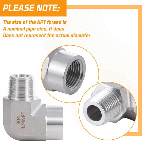 2-pack stainless steel 90-degree pipe elbow, 1/4" NPT male x 1/4" NPT female, 304 SS, front view.