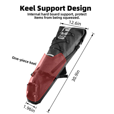 Adjustable 14L Waterproof Bikepacking Saddle Bag with roll top and keel support design, showing dimensions