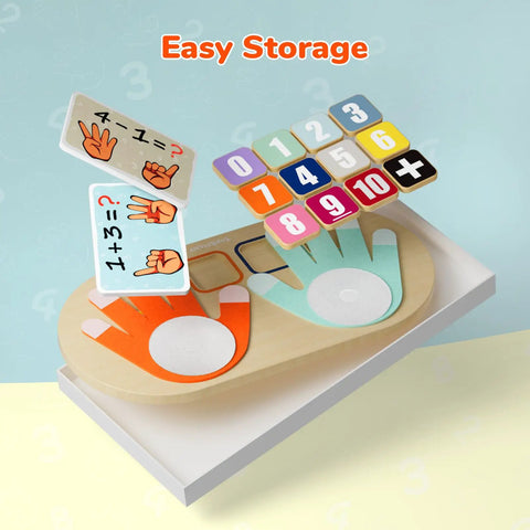 Totally Kid Approved Wooden Number Blocks And Soft Felt Hand Puppets Paired With Double Sided Math Flashcards For Super Fun Preschool Addition Learning, wooden number blocks and flashcards on storage board.
