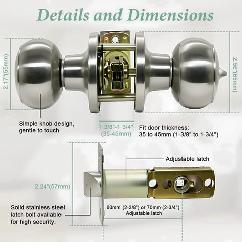 Stainless Steel Ball Door Knob With Keyed Lock Satin Nickel No Fuss Install Entry Door Handle Set showing dimensions and features