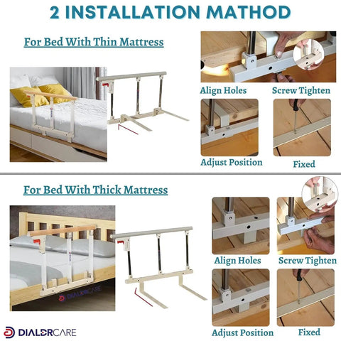 Foldable Stainless Steel Bed Rail Guard With Red Release Lever installation methods for thin and thick mattresses.