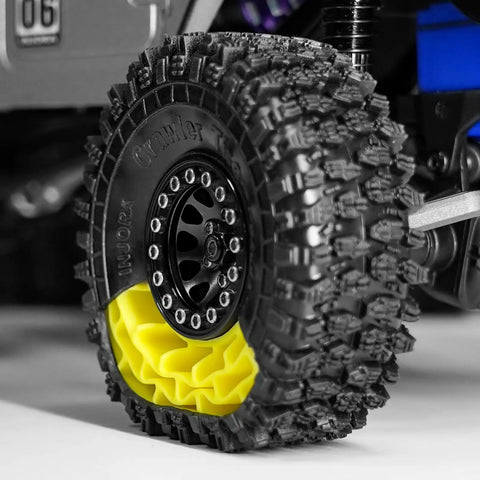 Silicone Rubber Inserts With S5 Rock Terrain Crawler Tires For TRX4M SCX24, ultra-soft compound, deep tread, close-up view.