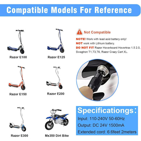Diagram showing compatible Razor scooter models E100, E125, E150, E200, E300, and MX350 with 24V Electric Scooter Charger.