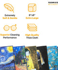 Five-pack microfiber cleaning cloths, 8x8 inches, soft and thick with classic art prints for lenses and screens.