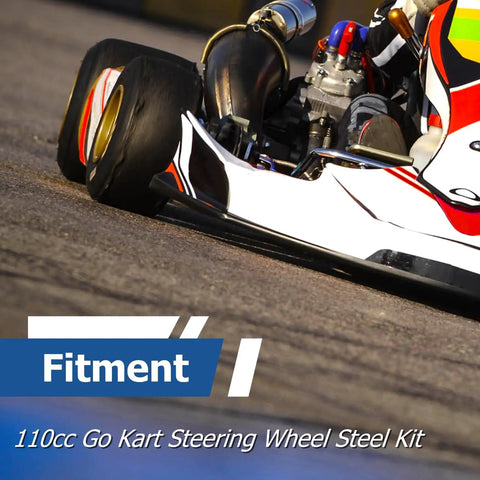 Steel Steering Wheel Kit With Adjustable Gear Rack Pinion Shaft For 110cc Go Kart shown in race setting