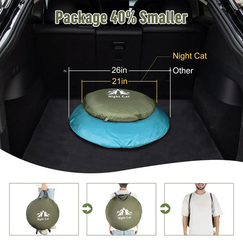 Pop Up One Person Tent With Instant 3 Second Setup Waterproof Outdoor Shelter in car trunk, size comparison 21in vs 26in.