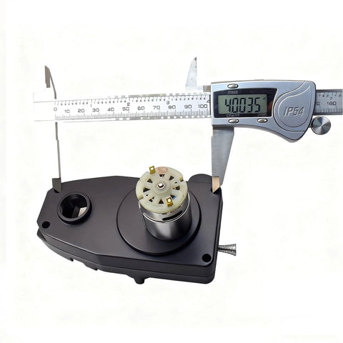 Caliper measuring Lincoln 90i Wire Feed Motor Replacement For MIG Welders 24V DC 10W, on white background.