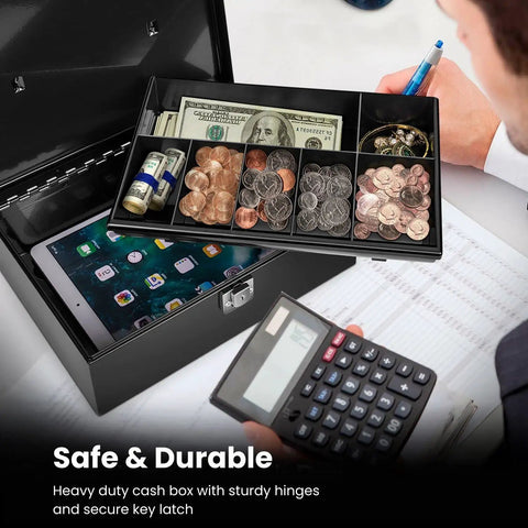 Heavy Duty Black Cash Box With Lock And 7 Compartment Money Tray For Small Businesses, open showing cash and calculator